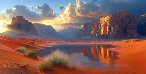 Fototapeta premium A Red Mars-like landscape in Wadi Rum desert, Jordan, where many science fiction movies were filmed