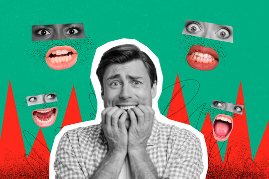 Composite art 3d creative image collage of panic man bite fingers mouth eyeball stare grimace roar fear monster bullying abuse