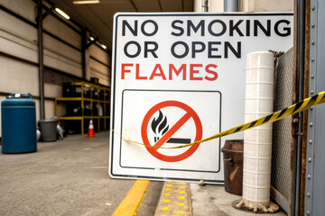 A warning sign prohibiting smoking and open flames, displayed in a warehouse setting for safety compliance.