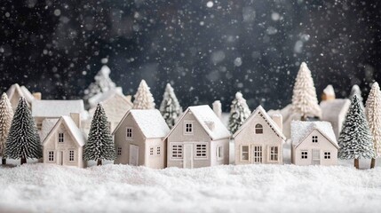Snowy village miniature winter scene; holiday card design