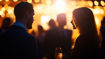 Couple conversing at night event, bokeh background