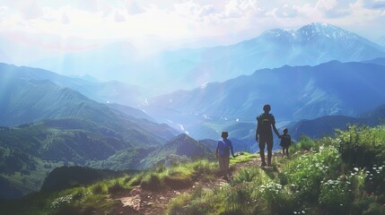 Naklejka premium A serene mountain landscape with two figures walking along a scenic trail under a bright sky filled with soft clouds.