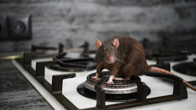 A brown rat is perched on a gas stove burner, curiously exploring the kitchen environment. Unsanitary conditions in the room.