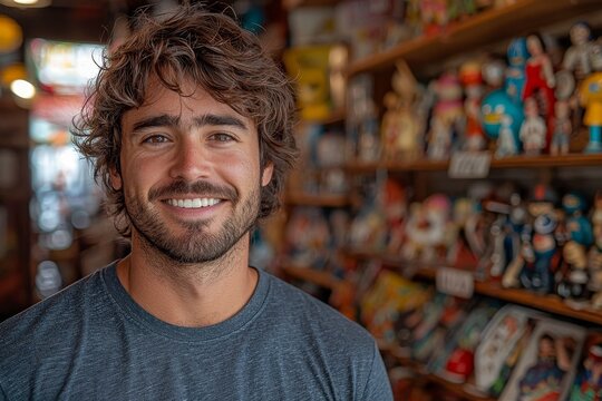 Seller of retro toys and collectibles, facing the lens