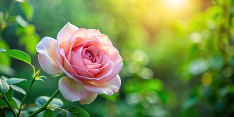 Delicate petal pink rose blooms in a lush greenery backdrop, blooming, nature,  blooming, nature