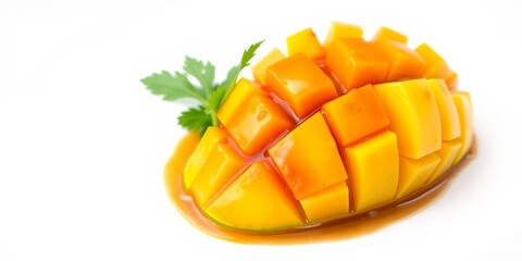 Raw green mangoes sliced and served with sweet fish sauce nampla wan, a traditional Thai food, on a white background, Thai, green