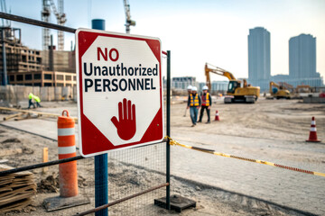 A construction site sign warns against unauthorized personnel, featuring a red hand symbol, with workers and machinery visible in the background.