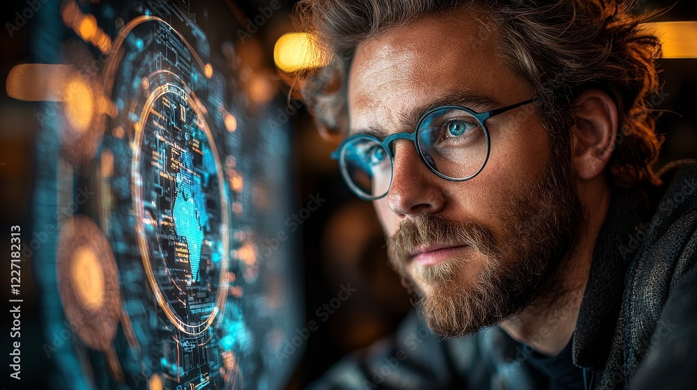 Poster a businessman presents a virtual image of the global internet and stocks, utilizing a command to cre