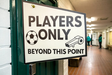 A sign indicating restricted access for players only, featuring a soccer ball and a key symbol, placed in a corridor.