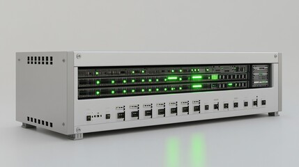 Retro-styled server rack lights up, studio background, data center use