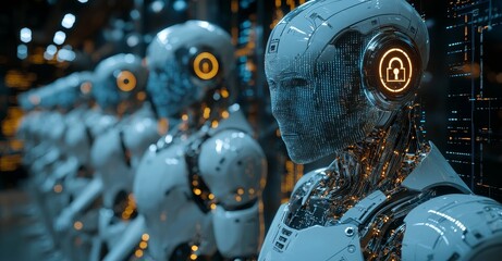 Fototapeta premium A 3D rendering depicts an AI robot humanoid utilizing cloud computing technology for storing data on an online server, analyzed via machine learning methods