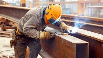 A close-up of a welder in protective gear welding steel beams, Industrial workshop scene, Precision engineering style