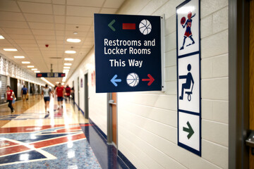 A directional sign indicating the locations of restrooms and locker rooms in a school or sports facility hallway.