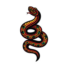 Obraz premium Design a meticulously detailed Aztec serpent coiled defensively, adorned with intricate tribal markings and vibrant, symbolic colors.