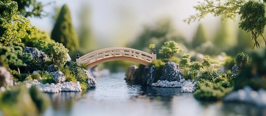 Fototapeta premium Miniature arched bridge over stream in serene garden
