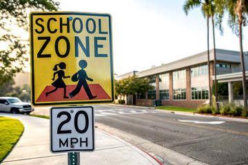 A yellow school zone sign indicates a pedestrian area for children, with a speed limit of 20 MPH, situated near a school building.
