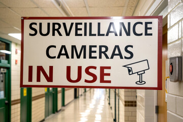 A sign indicating that surveillance cameras are actively monitoring the hallway.
