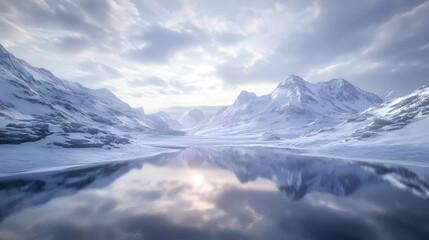 A serene winter landscape featuring snow-covered mountains and a reflective lake.
