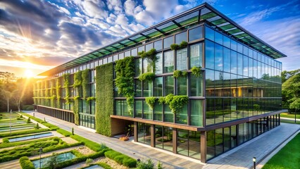 Obraz premium Sustainable Bioarchitecture Building with Solar Panels and Green Walls