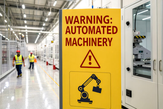 A safety sign indicating the presence of automated machinery in a warehouse or industrial setting, emphasizing caution for workers.