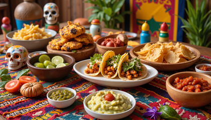 Vibrant Mexican dishes on rustic table, festive culinary celebration