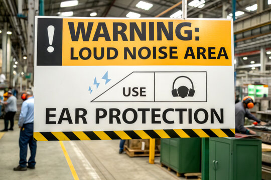 A safety sign indicating a loud noise area, advising workers to use ear protection to prevent hearing damage.
