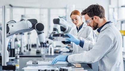 Engineers working with a robotic arm in a high tech laboratory