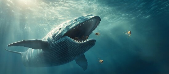 Naklejka premium Ocean whale feeding, sunlit water, small fish, underwater scene