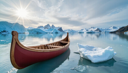 Serene Inuit kayak resting on icy waters in Arctic landscape, tranquility