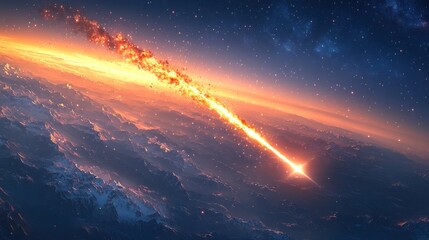 Fiery meteor streaking across planet's atmosphere.