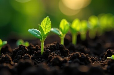 Spring agriculture concept. Small green plants are growing in the soil. Selective focus, blurred sunny background