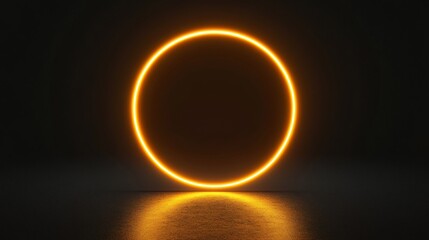 Glowing orange oval neon light frame on dark studio floor, reflecting