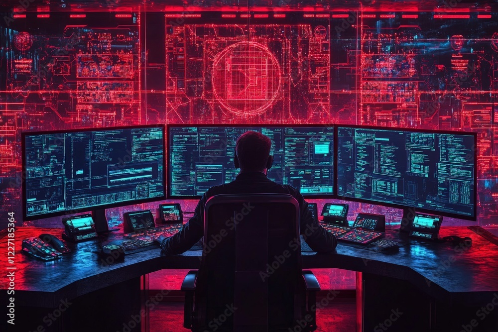 Leinwandbilder high-tech cyber operator working in a futuristic control room surrounded by multiple screens at nigh