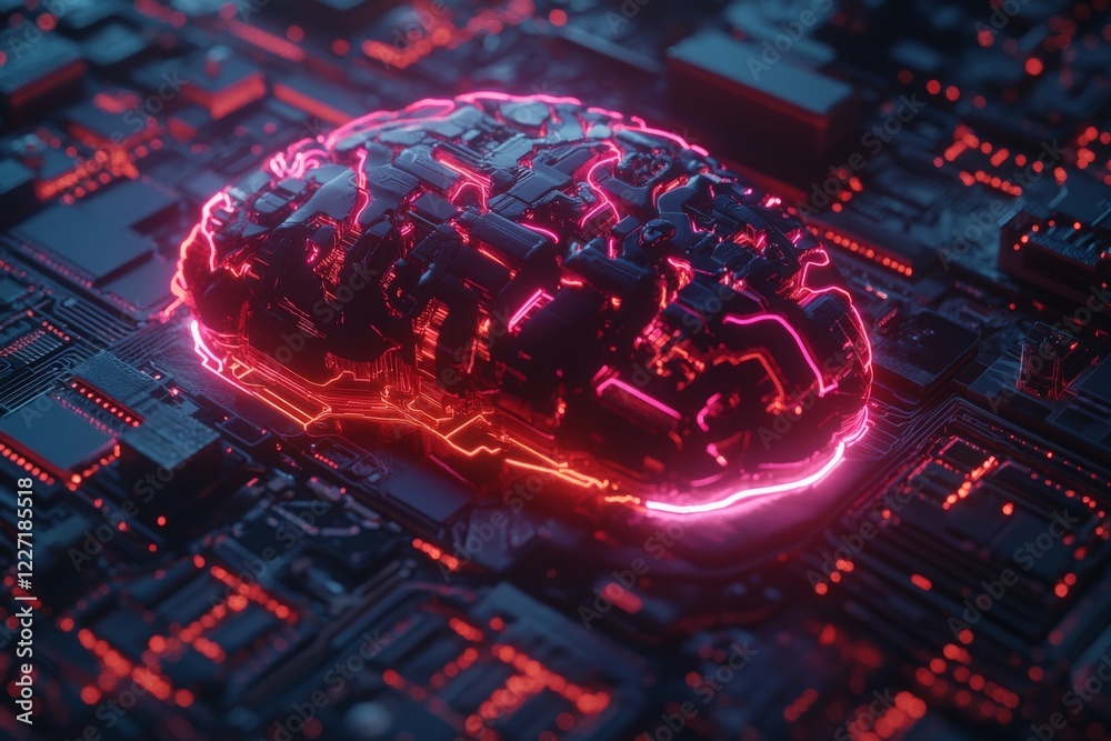 Poster innovative digital brain concept glowing with neon lights on a circuit board