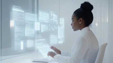 African female adult using futuristic transparent touchscreen in office