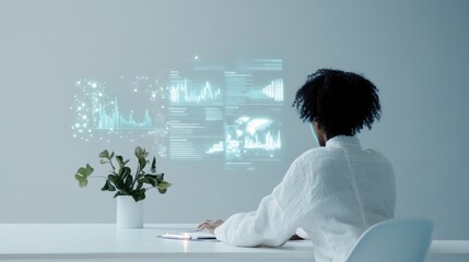 African female adult analyzing digital holographic data in modern office