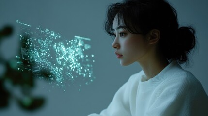 Asian female analyzes data visualization hologram in a tech environment