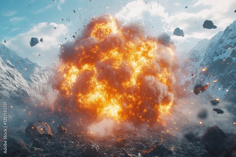 Poster large explosion occurs in a mountainous region during daylight, sending debris and flames into the a