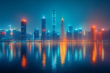 Fototapeta premium City skyline illuminated by vibrant lights reflecting on the water at night