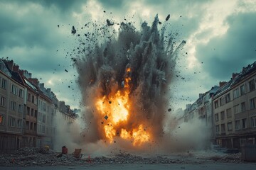 Explosion in an urban setting during evening hours causes debris to scatter among buildings