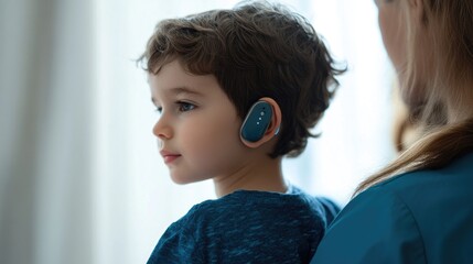 Caucasian child with hearing aid device looking to side