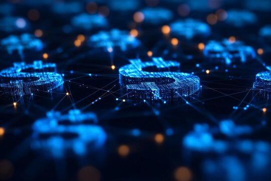 Digital currency symbols illuminated in a network of glowing connections at night