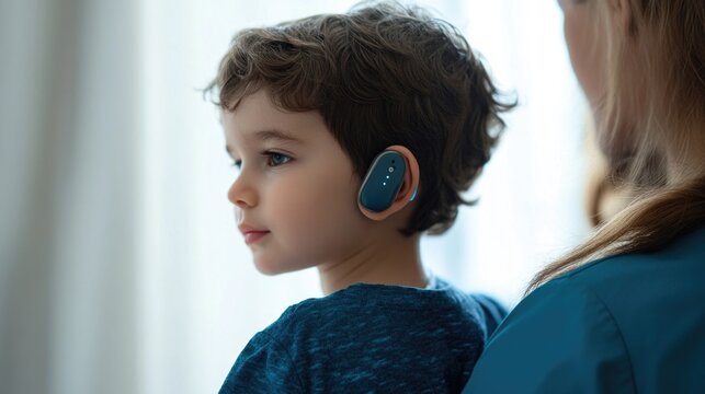 Caucasian child with hearing aid device looking to side