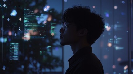 Asian young adult male analyzing digital code on transparent screen