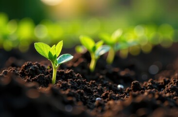 Spring agriculture concept. Small green plants are growing in the soil. Selective focus, blurred sunny background