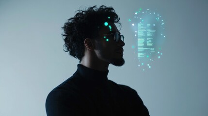 Silhouette of male in tech environment with virtual interface display