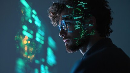 Young caucasian male developer with glasses analyzing digital code projection