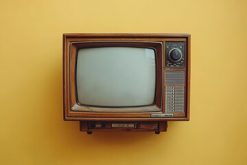 A retro vintage TV (television) featuring a blank screen, isolated against a yellow background, shown from the front with a clipping path