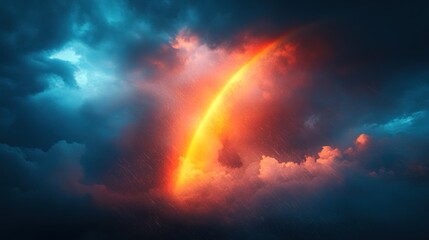 Fototapeta premium Fiery rainbow arc in stormy sky.