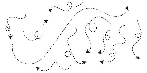 Dashed arrows set. Sketch curved dashed arrows design. Arrow handmade. Doodle arrows of various shapes and directions. Hand Drawn.